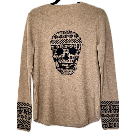 COPY - Skull Cashmere sweater- Tan with Black Skull,  Long Sleeved, Size Small - Picture 2 of 4